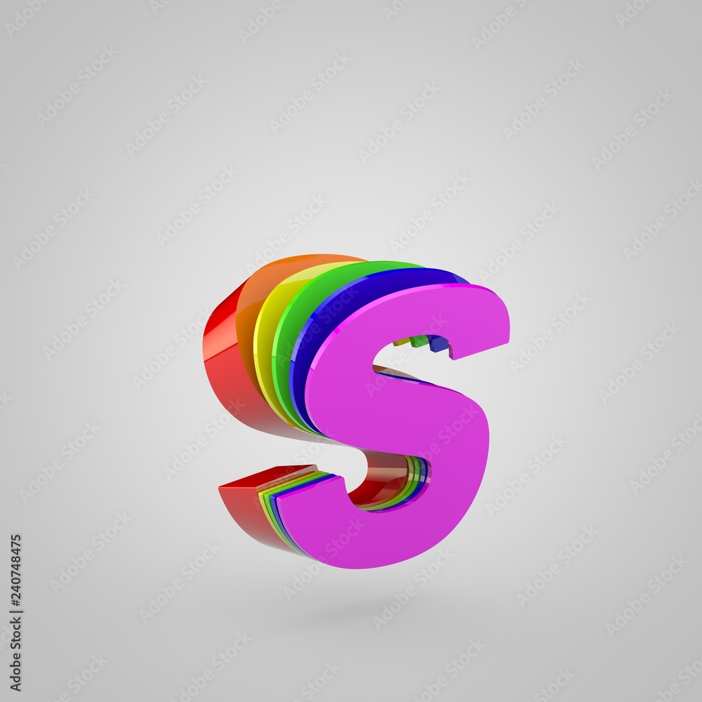 3D Letter S lowercase. 3D render cutaway rainbow font. Pride colors concept alphabet isolated on white background 3D Letter S lowercase. 3D render cutaway rainbow font. Pride colors concept alphabet isolated on white background