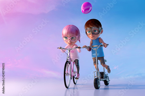 Little friends playing and having fun together. Cute cheerful smiling cartoon girl riding on the bicycle and boy riding on scooter. Happy childhood and friendship concept. 3D render