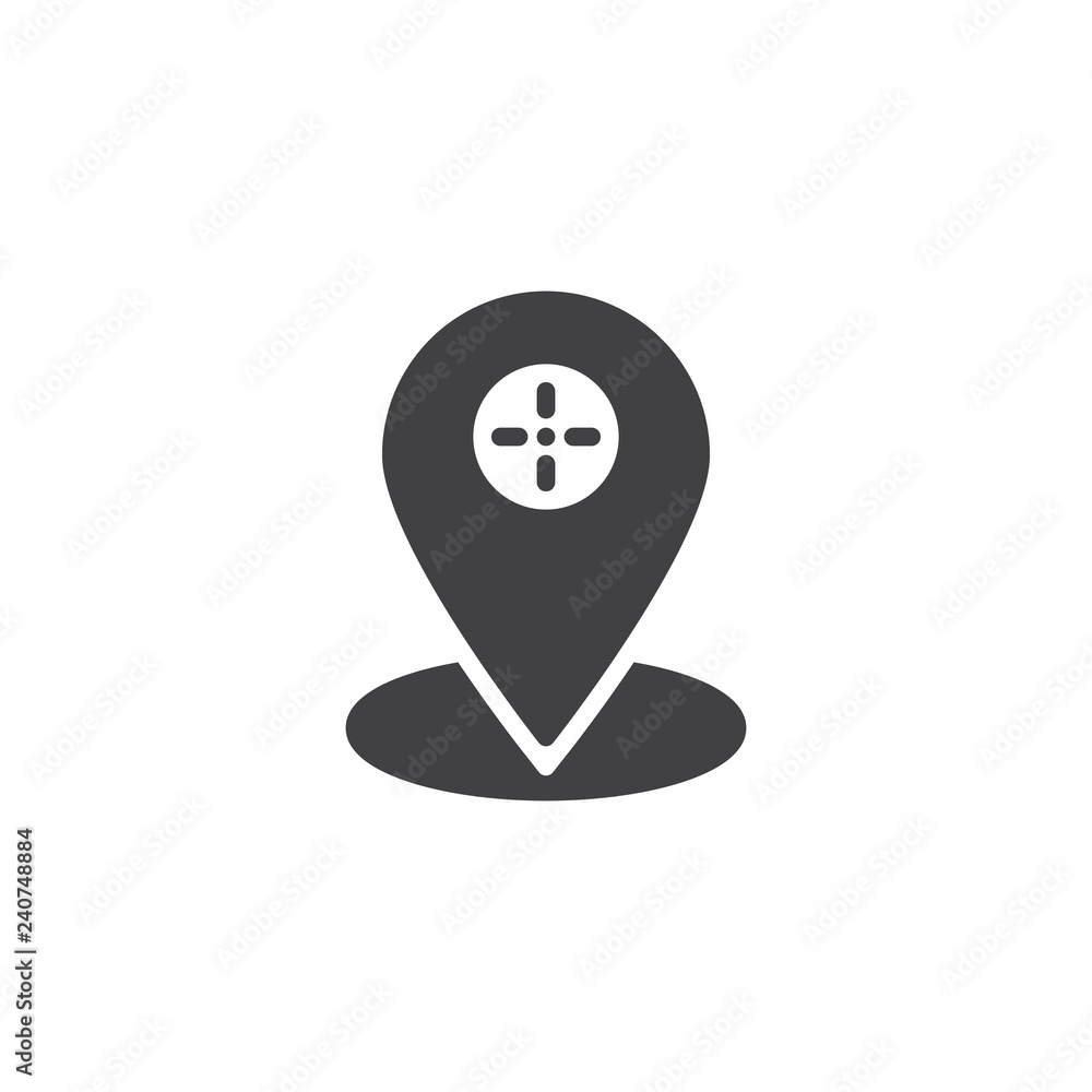 Map pointer with cross vector icon. filled flat sign for mobile concept and web design. Location pin with aim simple solid icon. Symbol, logo illustration. Pixel perfect vector graphics Map pointer with cross vector icon. filled flat sign for mobile concept and web design. Location pin with aim simple solid icon. Symbol, logo illustration. Pixel perfect vector graphics