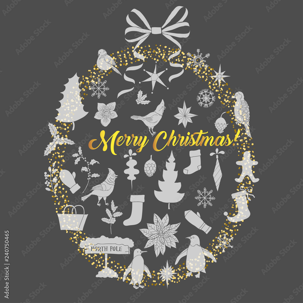 Christmas Background with Silhouettes, Poinsettia and Toys Christmas Background with Silhouettes, Poinsettia and Toys