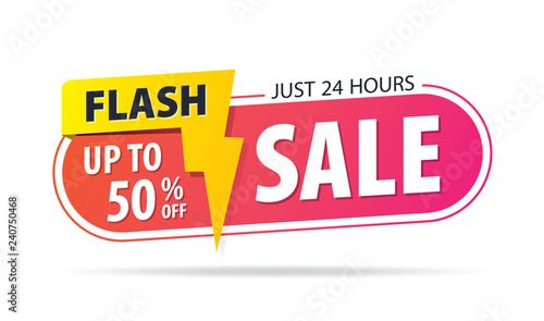 Yellow pink tag Flash sale 24 hour 50 percent off promotion website banner heading design on graphic white background vector for banner or poster. Sale and Discounts Concept.
