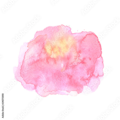 Watercolor splashing on the white paper. Hand drawn watercolor blot. Watercolor spot for ad of cards and flyers design