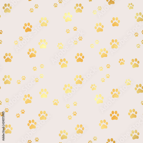 Gold Paw print seamless pattern. Seamless pattern of animal gold footprints. Dog paw print seamless pattern on gold background