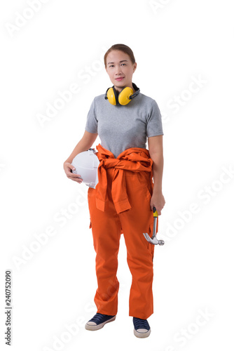 Full body portrait of a woman worker in Mechanic Jumpsuit hand holding hammer isolated on white background