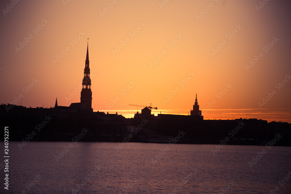 A beautiful city panorama during the sunrise. Riga, Latvia. Colorful cityscape.