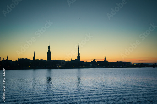 A beautiful city panorama during the sunrise. Riga, Latvia. Colorful cityscape. © dachux21