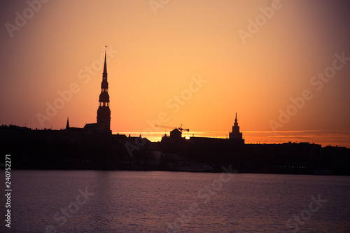A beautiful city panorama during the sunrise. Riga, Latvia. Colorful cityscape.