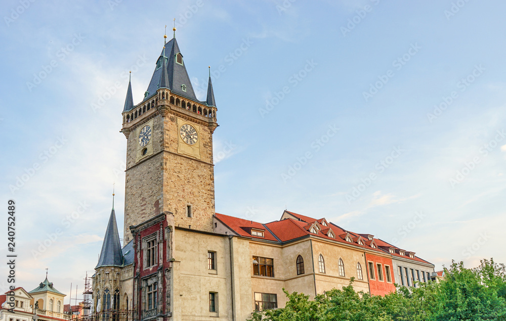 Gothic tower of the old city hall in Prague