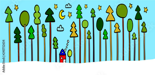 Winter hand drawn day landscape illustration house in the forest