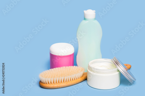 Skin care products on blue