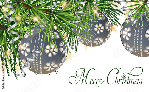 Vintage card with Christmas balls on fir tree Vector. Merry Christmas backgro...