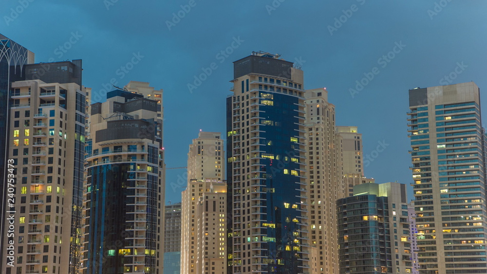  Towers of Dubai Marina in Dubai day to night timelapse