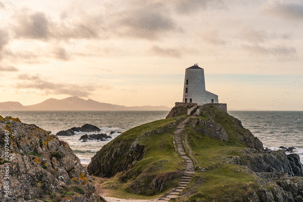 The Llanddwyn island lighthouse, Twr Mawr at Ynys Llanddwyn on Anglesey, North Wales.