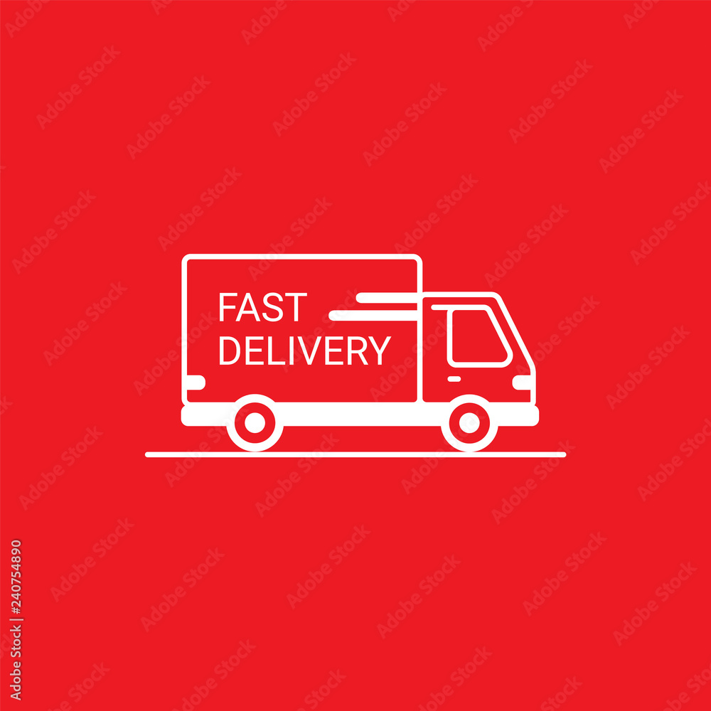 Line icon- delivery. Van outline icon on white background. Delivery service. Delivery by car or truck. Parcels Express delivery service by car. Line style design truck icon. Line icon- delivery. Van outline icon on white background. Delivery service. Delivery by car or truck. Parcels Express delivery service by car. Line style design truck icon.