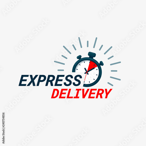 Express delivery icon. Timer and express delivery inscription on light background. Fast delivery, express and urgent shipping, services, chronometer sign. photo