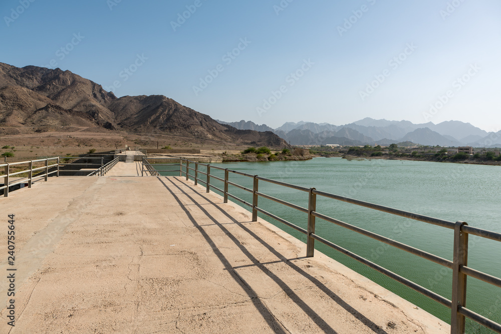 Reservoir and dam in Hatta, an enclave of Dubai in the Hajar Mountains, United Arab Emirates