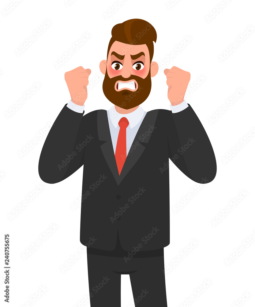 Angry aggressive, frustrated businessman raising fists. Man shouting out loud. Evil, negative, bad facial expression. Human emotion and body language concept illustration in vector cartoon flat style. Angry aggressive, frustrated businessman raising fists. Man shouting out loud. Evil, negative, bad facial expression. Human emotion and body language concept illustration in vector cartoon flat style.