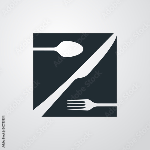 Icono plano cuadrado con cubiertos en espacio negativo en fondo gris