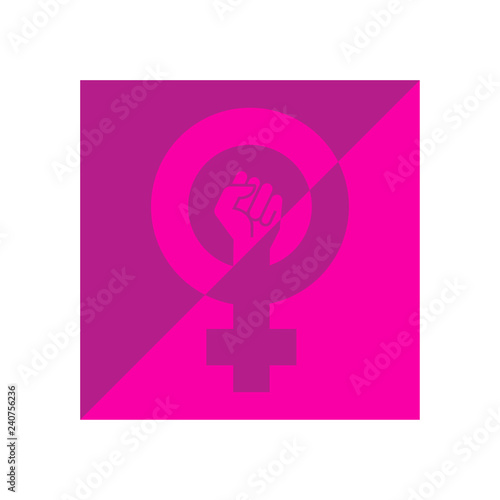 Icono plano símbolo feminista con puño en cuadrado con dos tonos de rosa