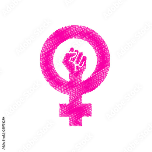 Icono plano símbolo feminista con puño lineal en diagonal en color rosa