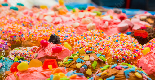 Brightly colored cupcakes at a kids party