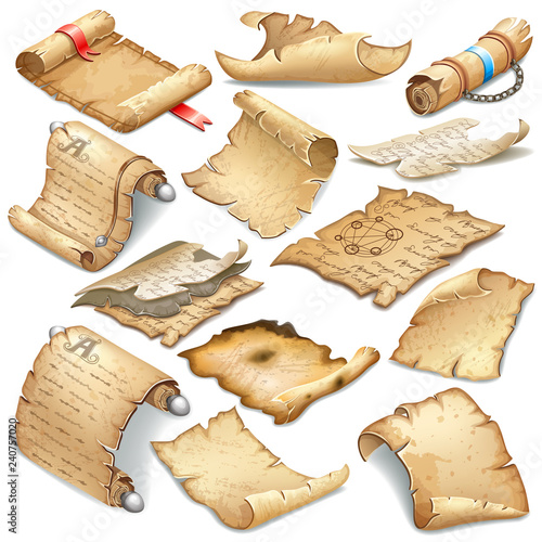 Set royal old parchments and scrolls decorated ribbon, silver elements  and leather beltn. Ancient paper for message. Isolated isometric 3d vector illustration for computer games and books design.