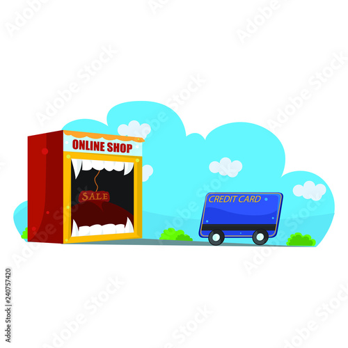 Illustration of a monster online shop that devours credit cards