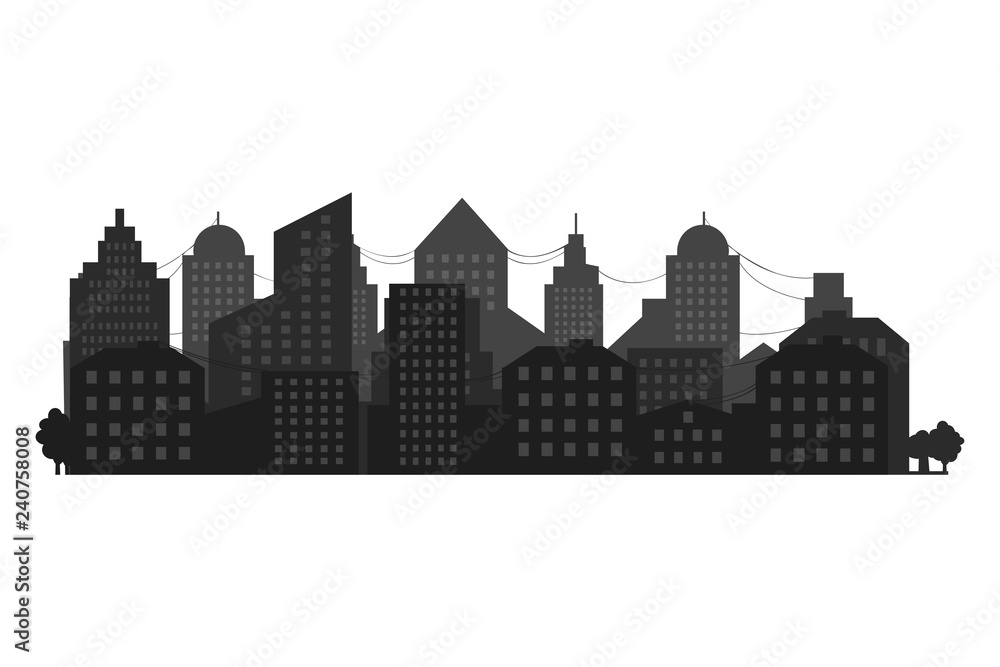 Panorama of the city on the horizon. Silhouette of a big city on a background, skyscrapers, building, business centers, sunset, urban design. Vector illustration.