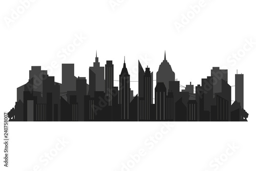 Panorama of the city on the horizon. Silhouette of a big city on a background  skyscrapers  building  business centers  sunset  urban design. Vector illustration.