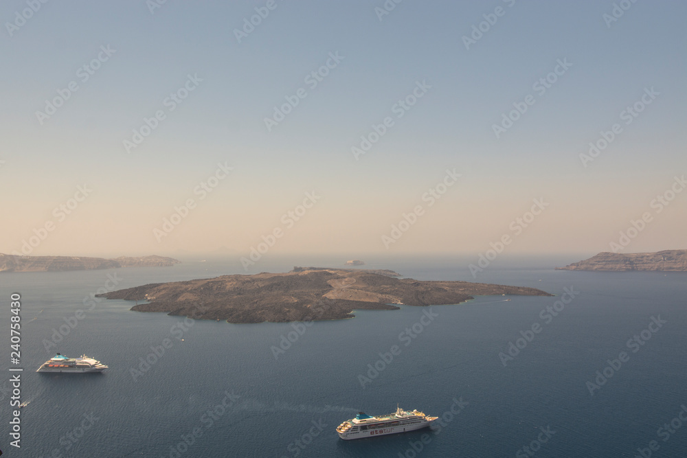 Santorini Fira, Greece - landscape with boat
