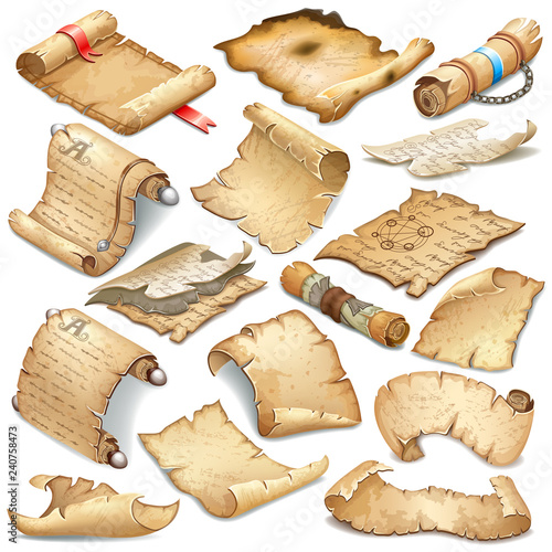 Set royal old parchments and scrolls decorated ribbon, silver elements  and leather beltn. Ancient paper for message. Isolated isometric 3d vector illustration for computer games and books design.