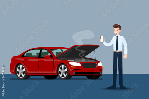 Businessman holding a mobile phone and call for insurance when his car was broken.