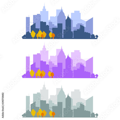 panorama of the city on the horizon. Silhouette of a big city on a background  skyscrapers  building  business centers  sunset  urban design. Vector illustration in a flat style.