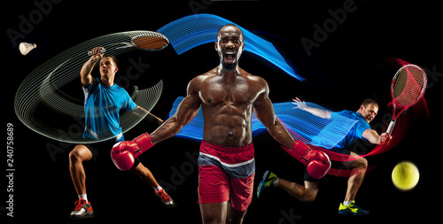 Attack. Sport collage about badminton, tennis, boxing players on black