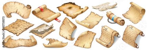 Set royal old parchments and scrolls decorated ribbon, silver elements  and leather beltn. Ancient paper for message. Isolated isometric 3d vector illustration for computer games and books design.