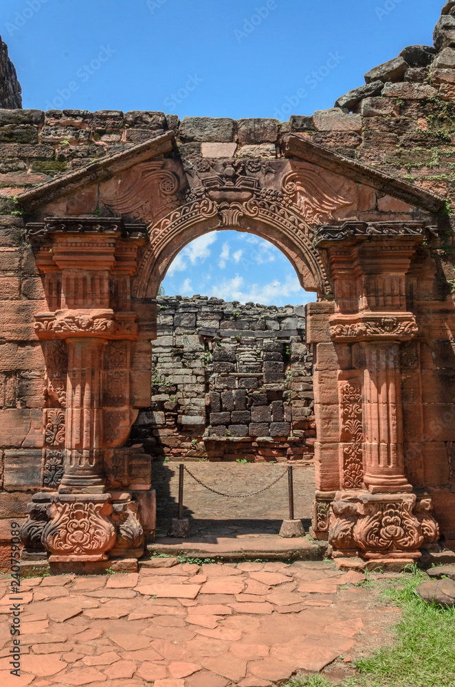 Facade of an ancient door in San Ignacio ruins, Misiones, Argentina