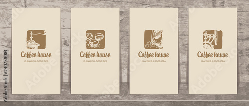 Set of four vector business cards for coffee house with calligraphic inscriptions and drawings on the theme of coffee. Coffee is always a good idea.