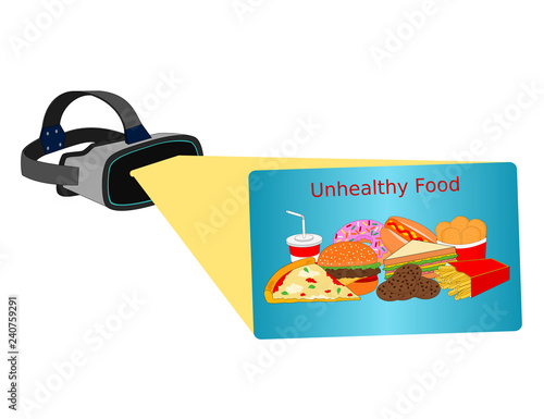 Isolated vr headset technology device display unhealthy fast food menu