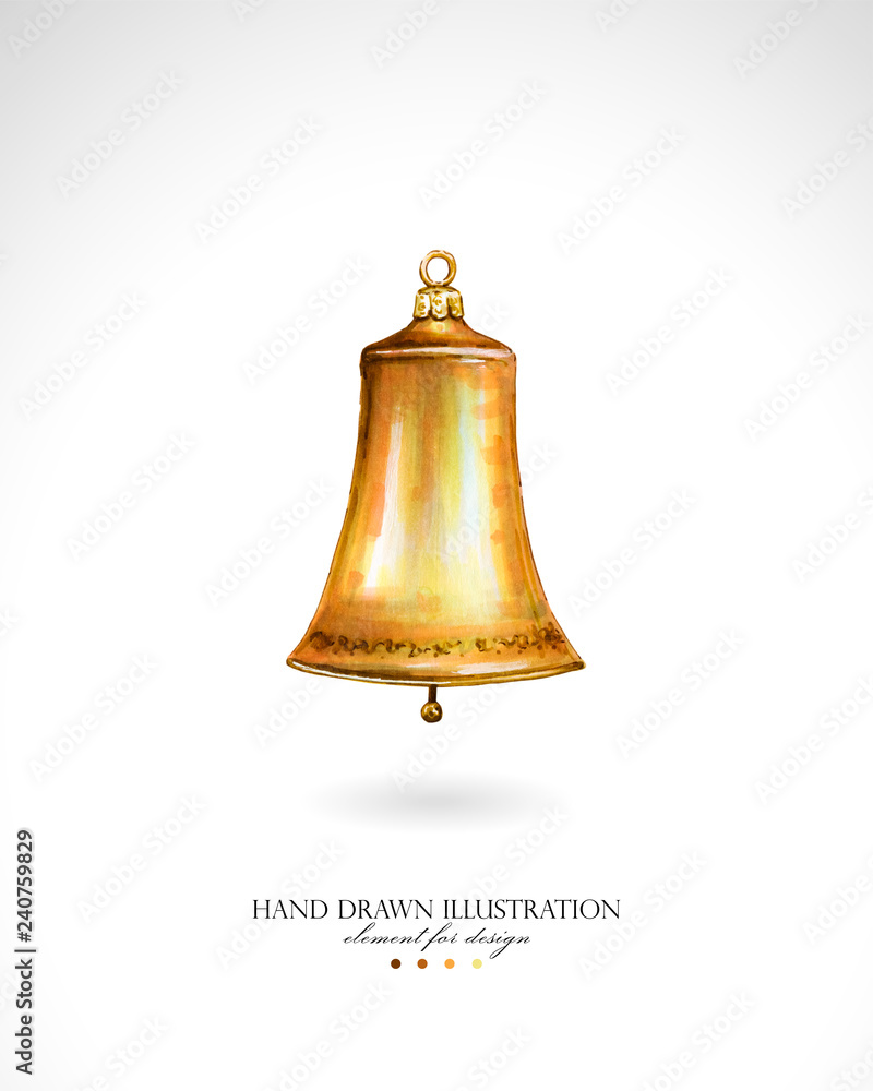 Illustration of a golden Christmas bell drawn by hands on a white background. Traditional Christmas decoration painted with colorful markers, imitation of watercolor. Illustration of a golden Christmas bell drawn by hands on a white background. Traditional Christmas decoration painted with colorful markers, imitation of watercolor.