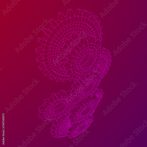 Gears. Mechanical technology machine engineering symbol. Industry development, engine work, business solution concept. Wireframe low poly mesh vector illustration