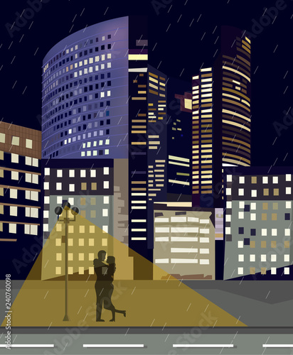 Romantic couple at night city business center Vector. La Defense Business cen...
