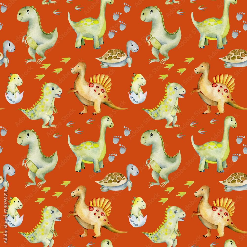 Watercolor cute dinosaurs, turtles and baby dino seamless pattern Watercolor cute dinosaurs, turtles and baby dino seamless pattern