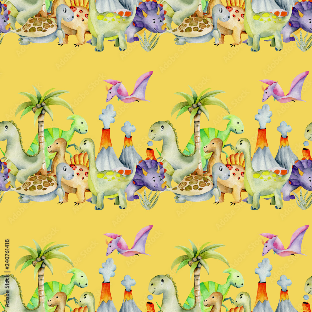 Fototapeta premium Watercolor cute dinosaurs seamless pattern