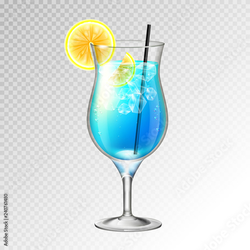 Realistic cocktail blue lagoon glass vector illustration on transparent background
