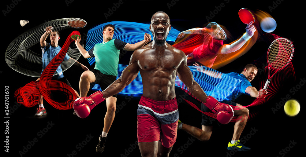 Attack. Sport collage about badminton, tennis, boxing and handball players on black