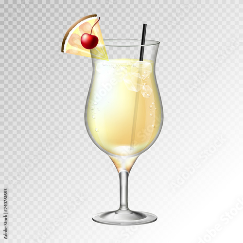 Realistic cocktail pina colada glass vector illustration on transparent background