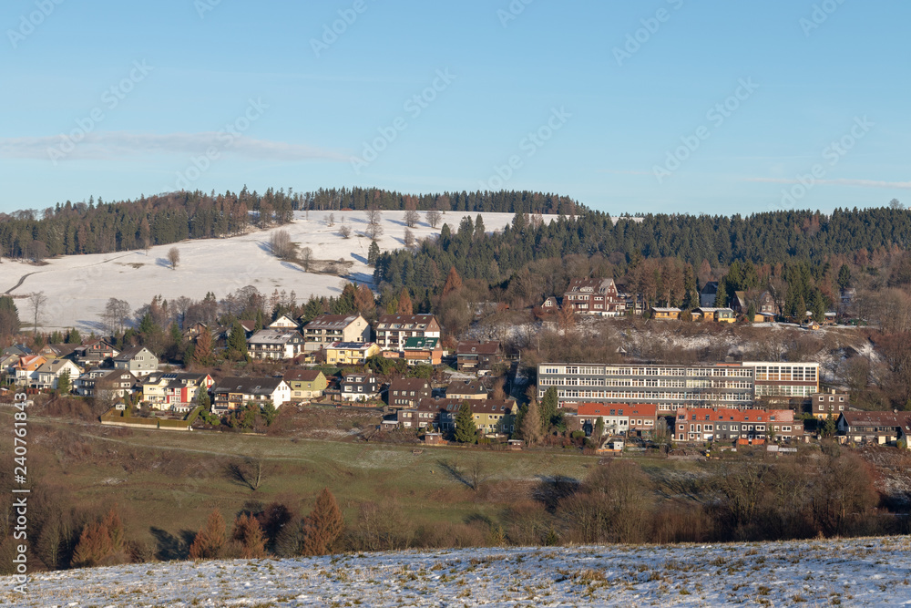 panoramic view on a small city in the harz mountains in germany in winter 