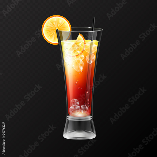 Realistic cocktail tequila sunrise glass vector illustration on transparent background