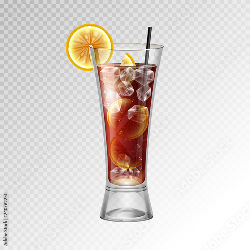 Realistic cocktail long island ice tea glass vector illustration on transparent background