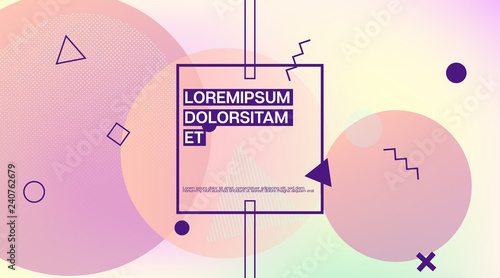 Memphis Minimal Cover Horizontal Vector Template. Neon Gradient Overlay, Small Space Particles Background. Geometric Memphis Design Elements, Horizontal Music Poster. Vintage Elemets Business Design.